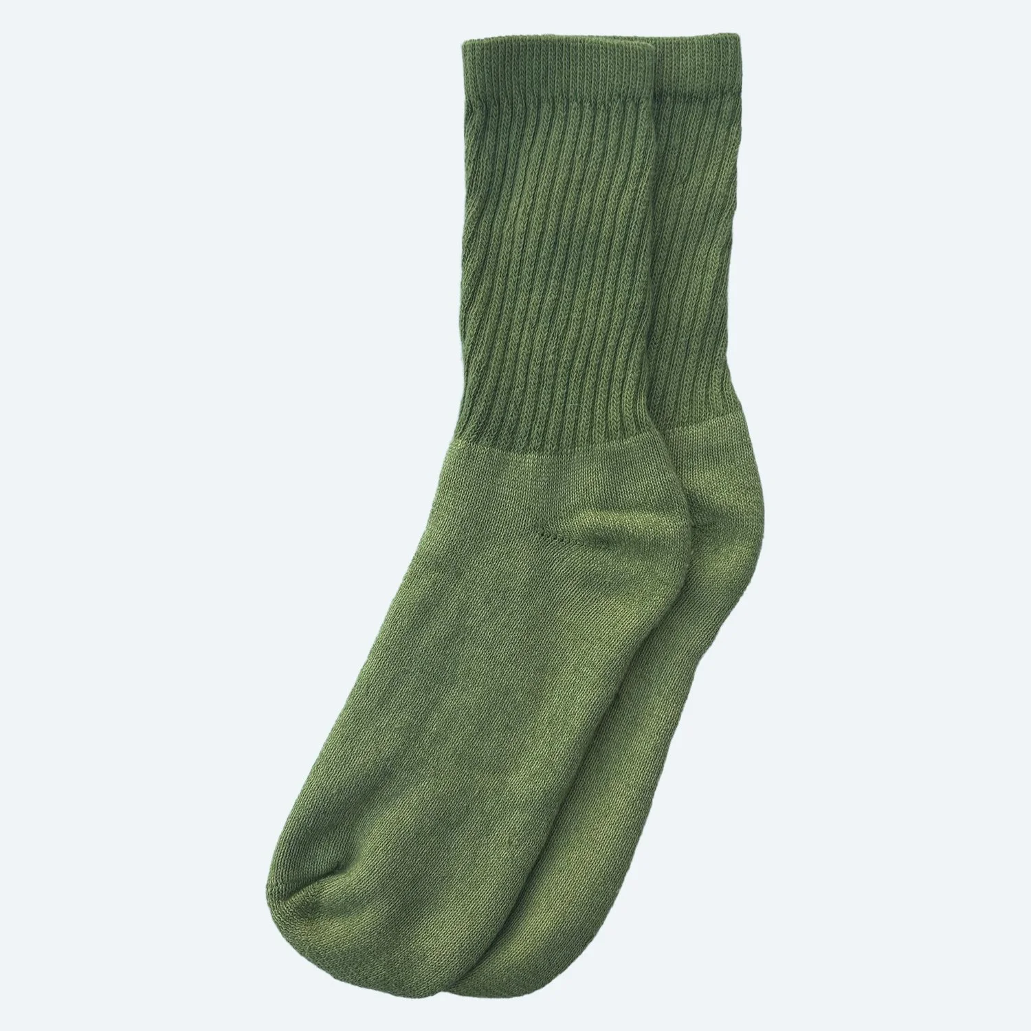 Pansy organic cotton tube socks in Moss green, laid flat with ribbed cuffs.