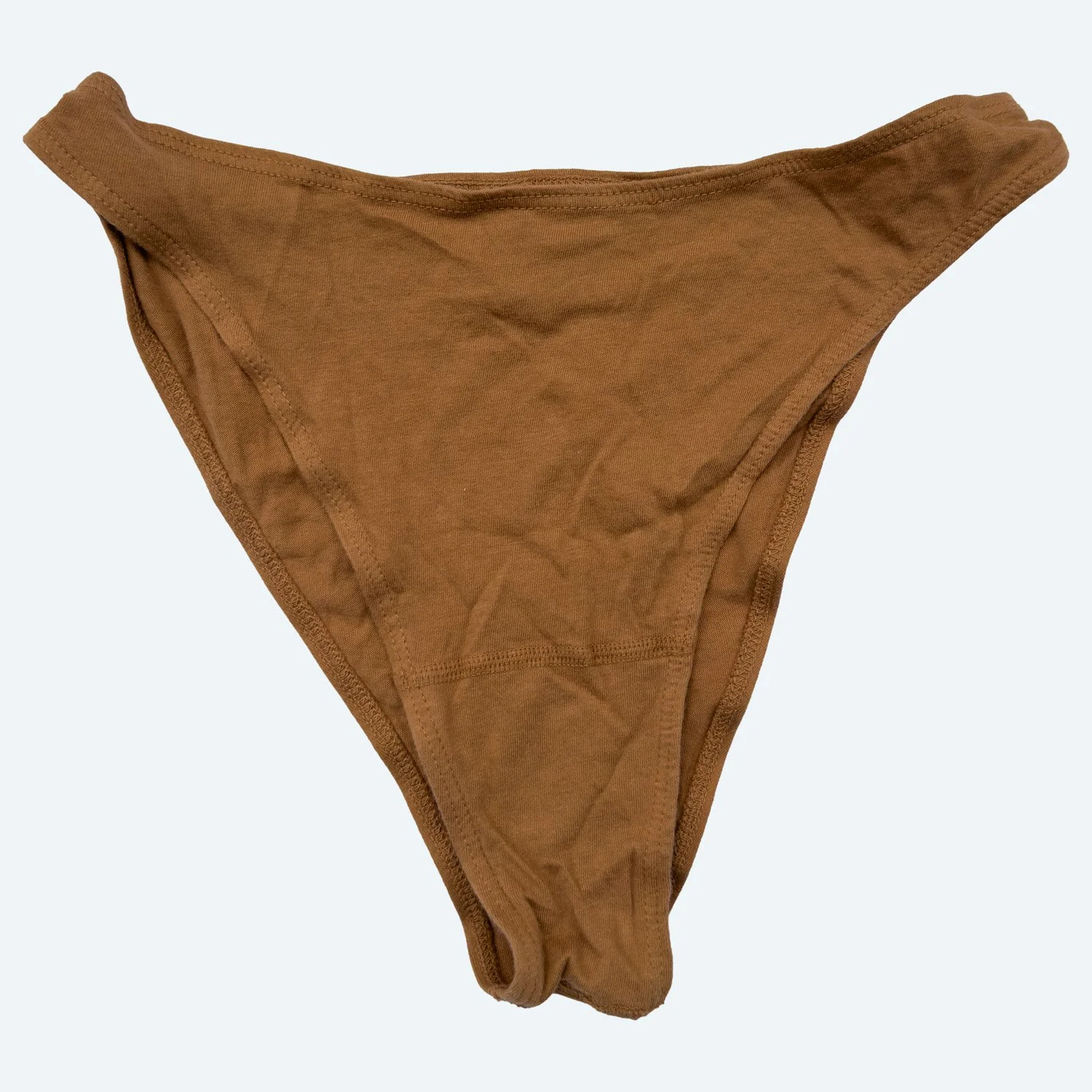 Front view of Pansy organic cotton French Cut underwear in Almond, laid flat to show the high-cut leg openings.