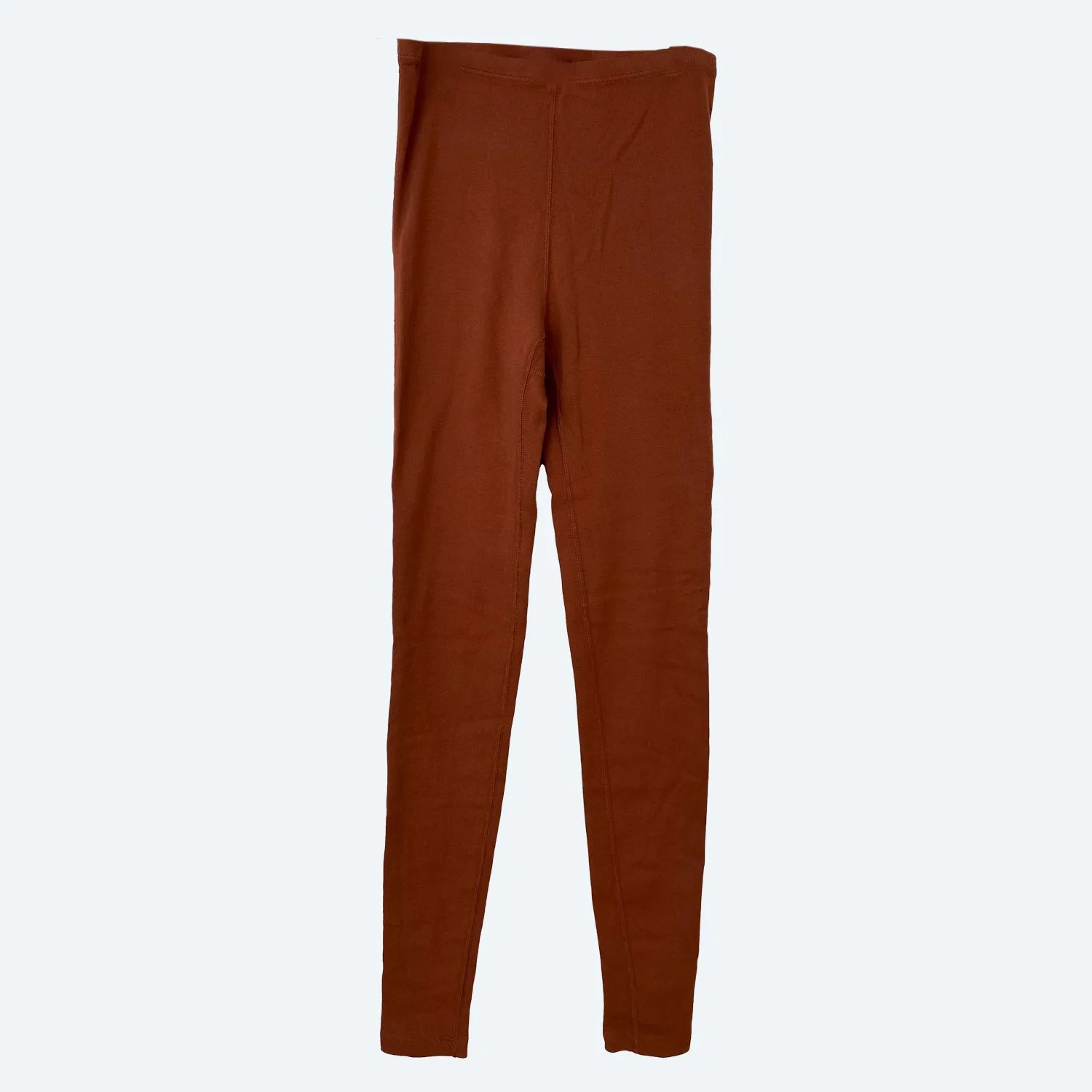 Front view of Pansy organic cotton Leggings in Rust, showing the high waistband and full-length legs.