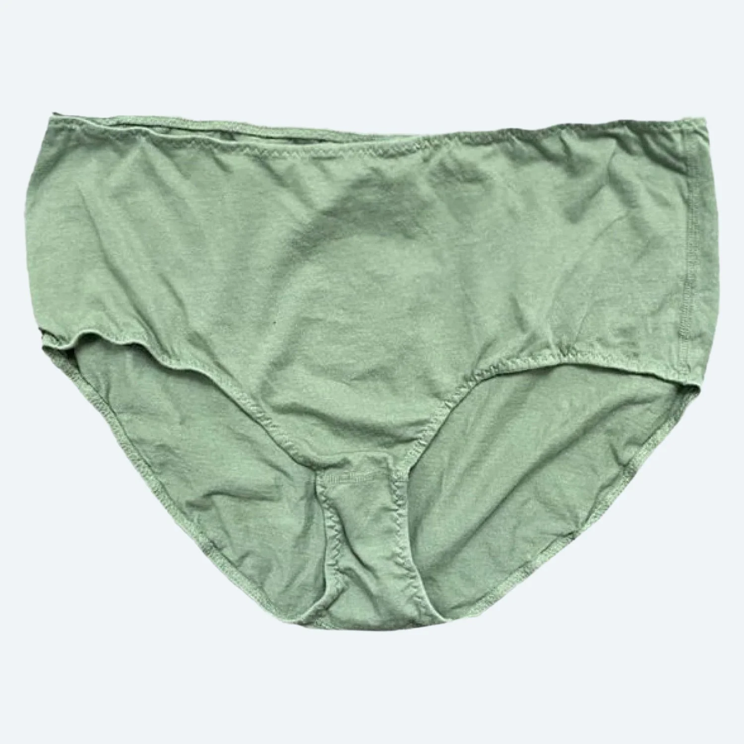 Front view of Pansy organic cotton High Rise underwear in Mermaid green, laid flat to show the waistband and full-coverage shape.