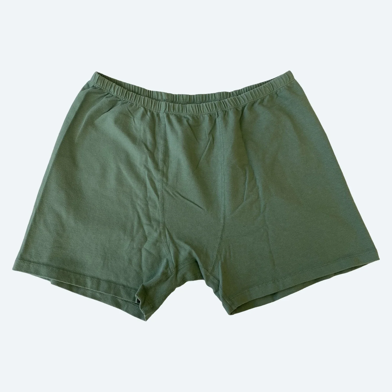 Flat lay of Pansy stretch shorts in mermaid green on a pale blue-gray background.