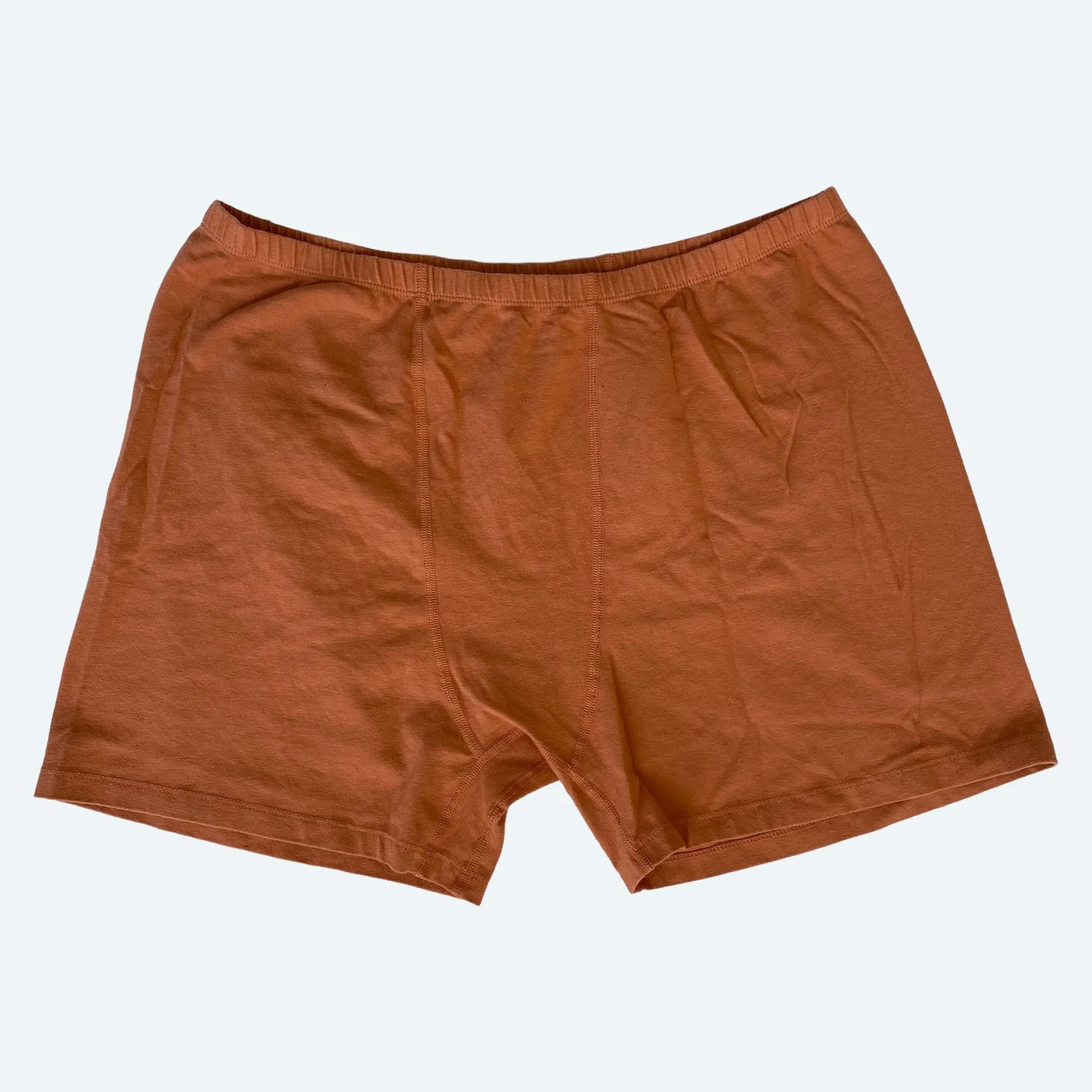 Flat lay of Pansy stretch shorts in sweet potato on a pale blue-gray background.