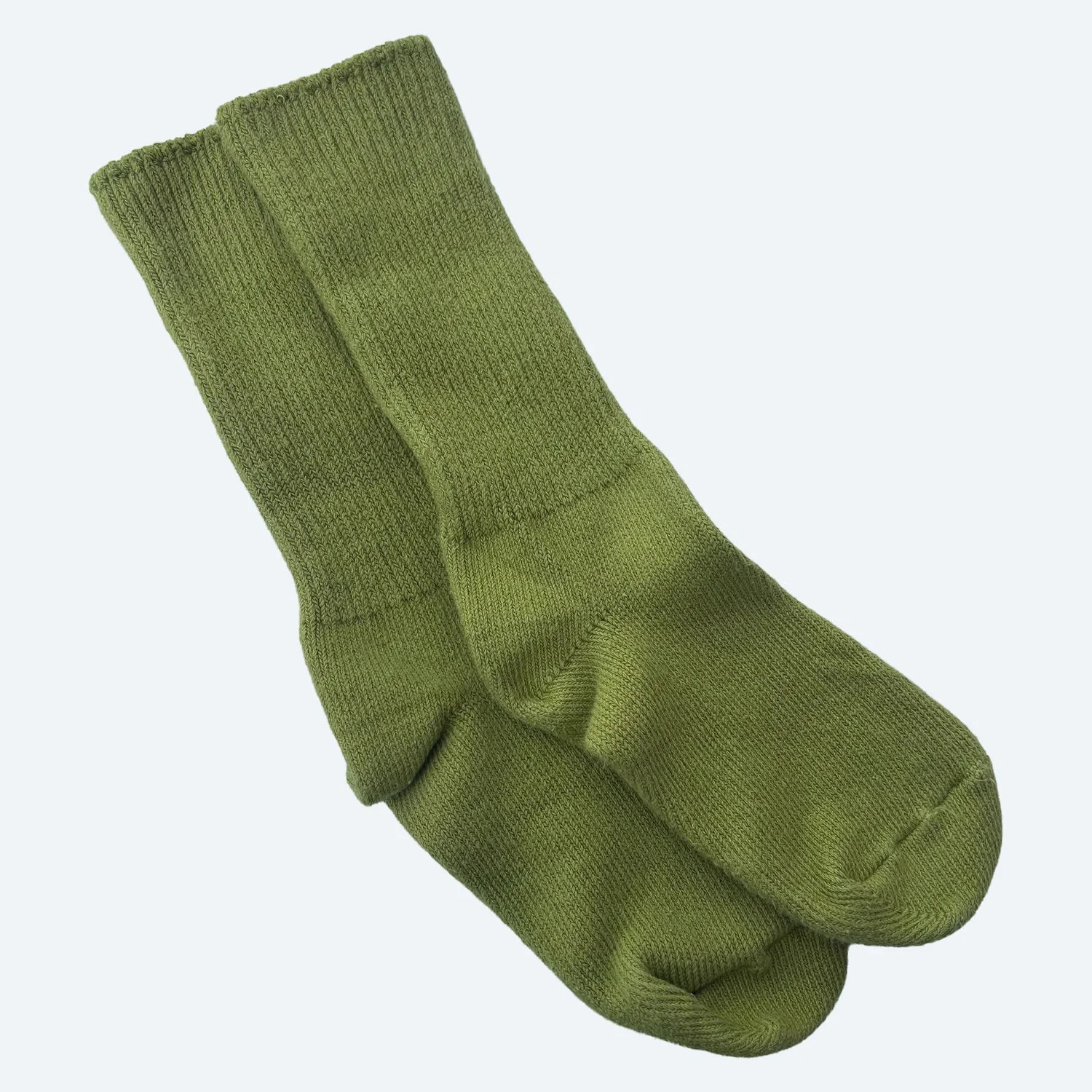 A pair of Pansy organic cotton crew socks in Moss green, laid flat with ribbed cuffs.
