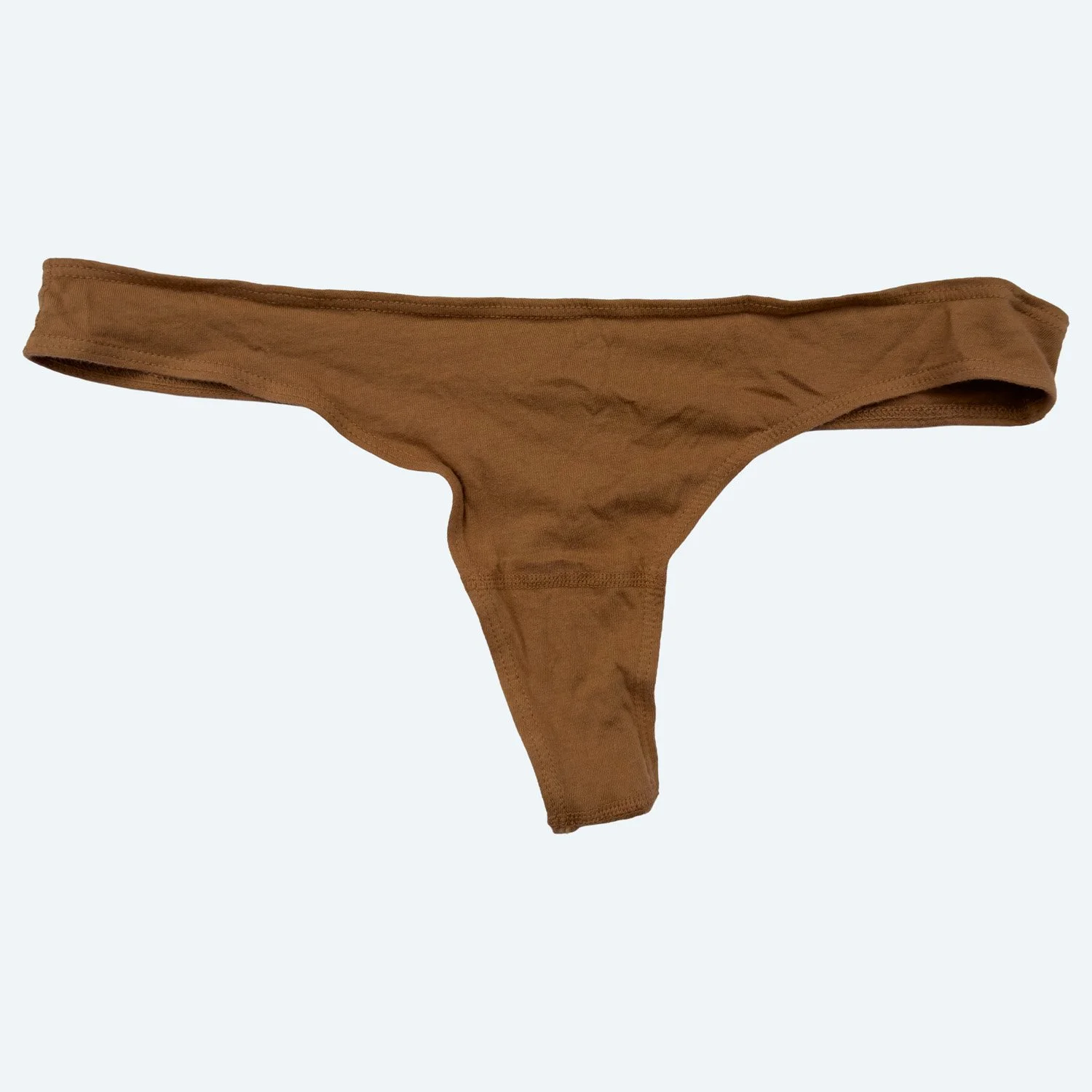 Front flat view of the Pansy organic cotton thong in Almond brown