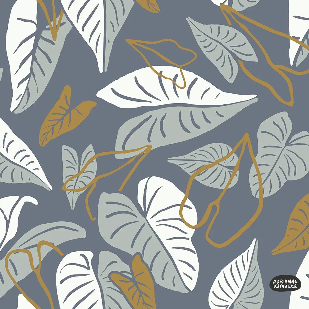Pattern of tropical leaves graphically and organically rendered in gold, slate blue, and green gray.