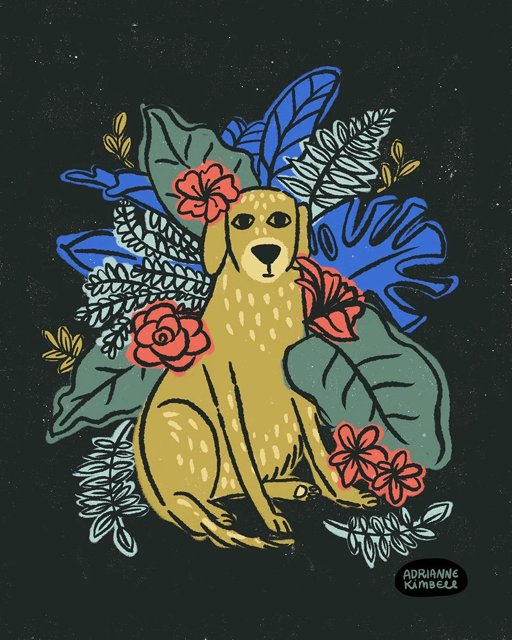 A golden dog among tropical leaves and flowers against a black background.