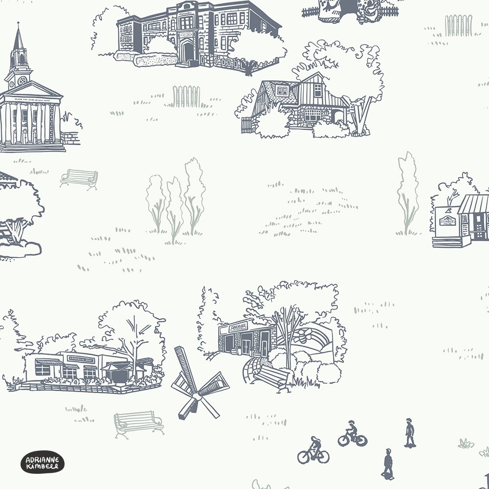 Commissioned project: Wallpaper for a family in Decatur, GA. Features landmarks in the family's neighborhood, including their own house and their figures biking through town.