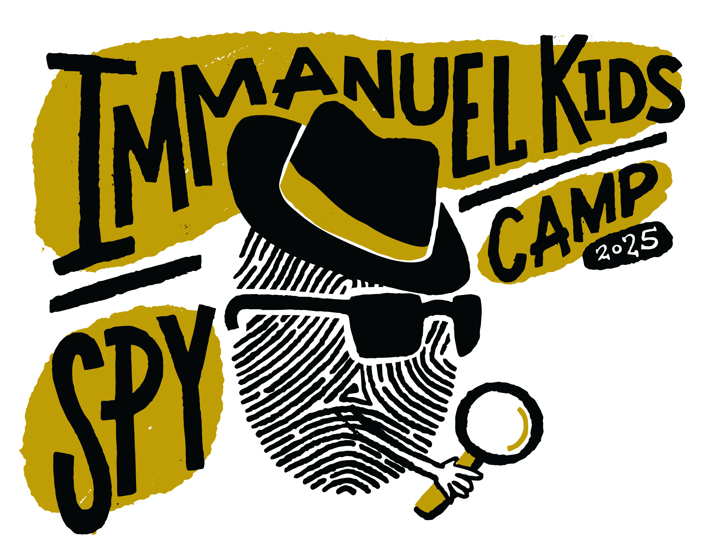 Logo for a kids spy camp, featuring a fingerprint wearing a detective's hat