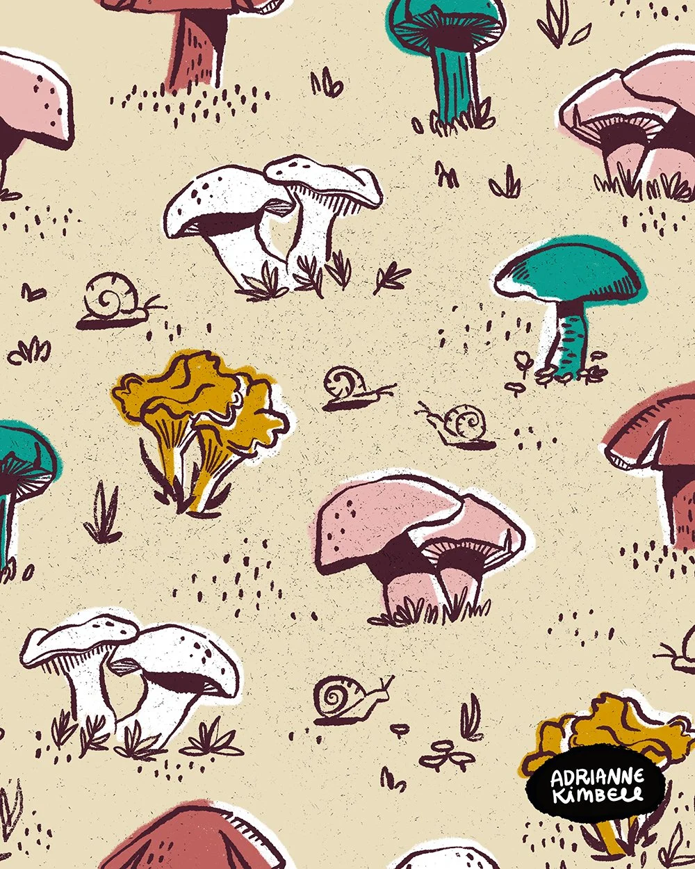 A pattern of hand-illustrated mushrooms, chanterelles, and snails, in a retro color palette of blush pink, teal, biscuit and mustard.