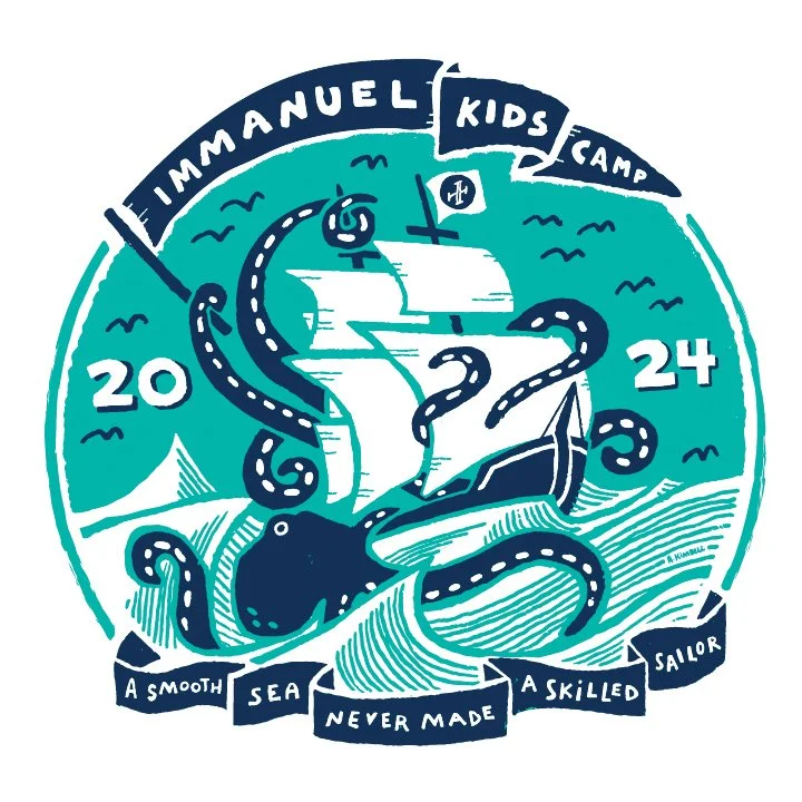 Illustration for a kids camp t-shirt: an octopus grabbing an old ship. Banner says, "A smooth sea never made a skilled sailor."