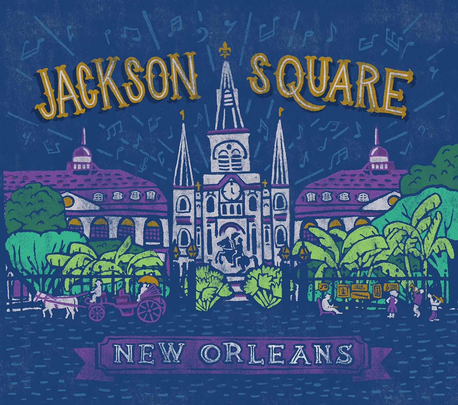 Linocut-style illustration of St. Louis Cathedral in Jackson Square, New Orleans, LA