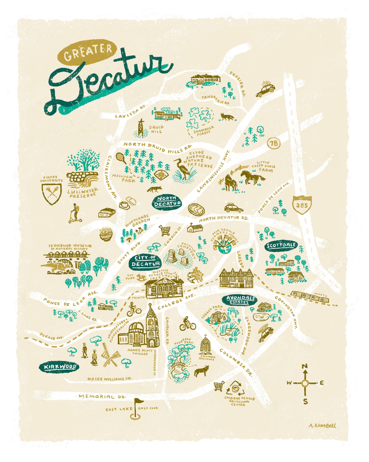 Hand-illustrated map of Decatur, GA