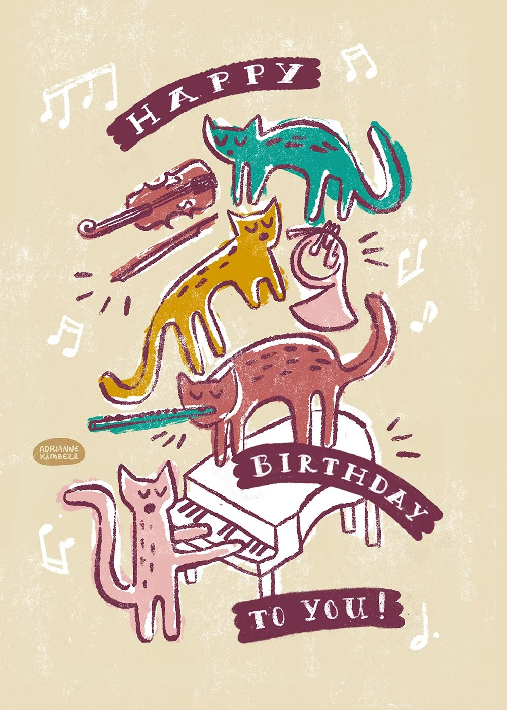Four cats playing instruments (piano, flute, French horn, and violin), making making music. Hand-drawn type reads "Happy birthday to you!"