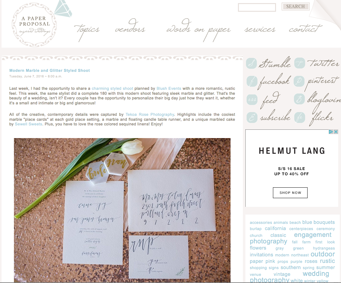 My work was recently featured in a styled shoot on the blog A Paper Proposal. Photo by: Tekoa Rose Photography . Styled by Blush Events .