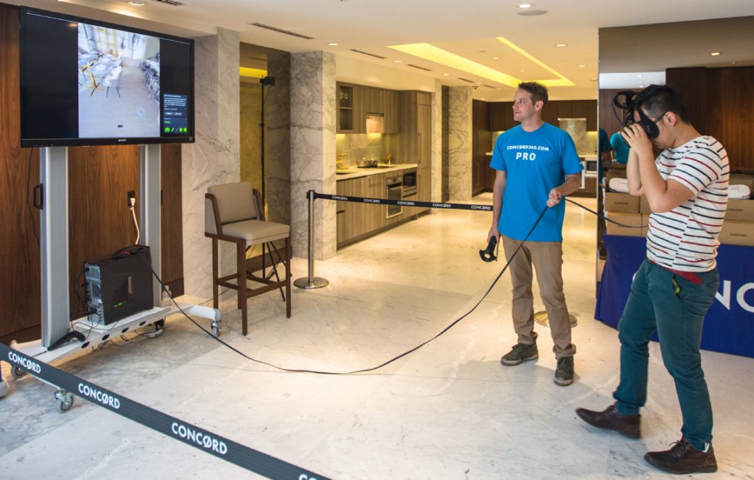 At the Concord sales centre at Spadina Ave., consumers can try on goggles tethered to a gaming computer and tour the suites at the LakeFront and LakeShore towers being built at the foot of Bathurst St. Image source