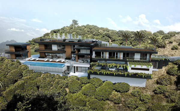 This images included as it gives a great example of how flexible 3d rendering can be. Think you need a flat surface to render a property on? No way! Just like this visualization, houses can be rendered into the side of hills / mountains. We can put mountains in the distance (see top left). We could even render an entire golf course if you wanted with all it's bunkers, greens, watercourses and other interesting features.