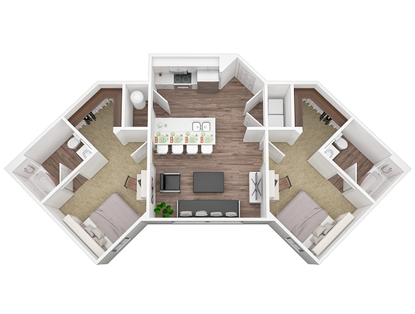 We included this one because of its uniqueness in design. This is a fairly standard top down floor plan rendering , right down to details like faucets, clothes hanging in the wardrobe etc. But it just goes to show that no matter how creative you get (two double rooms with ensuites for instance!) we can bring your designs to life in 3D ( or virtual reality if you so choose ). 