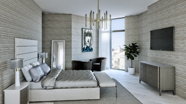 Now we get to our top 10 renderings for the quarter, and what a better way to start than this white bedroom, filled with gorgeous shapes and texture. Notice the great light distribution around the room and those satiny pillow covers and sheets.