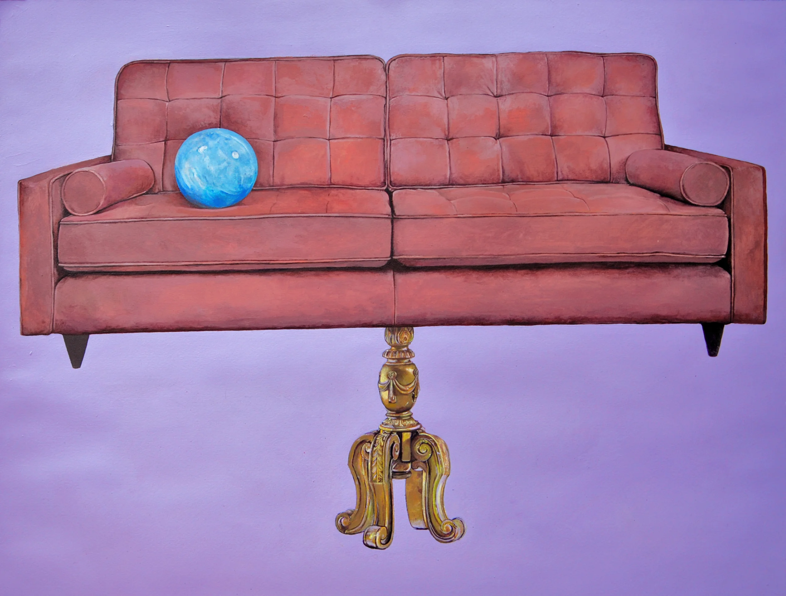Round Crystal on an Orange Couch balancing on a gold plynth, graphite and acrylic on paper, 61x46cm 