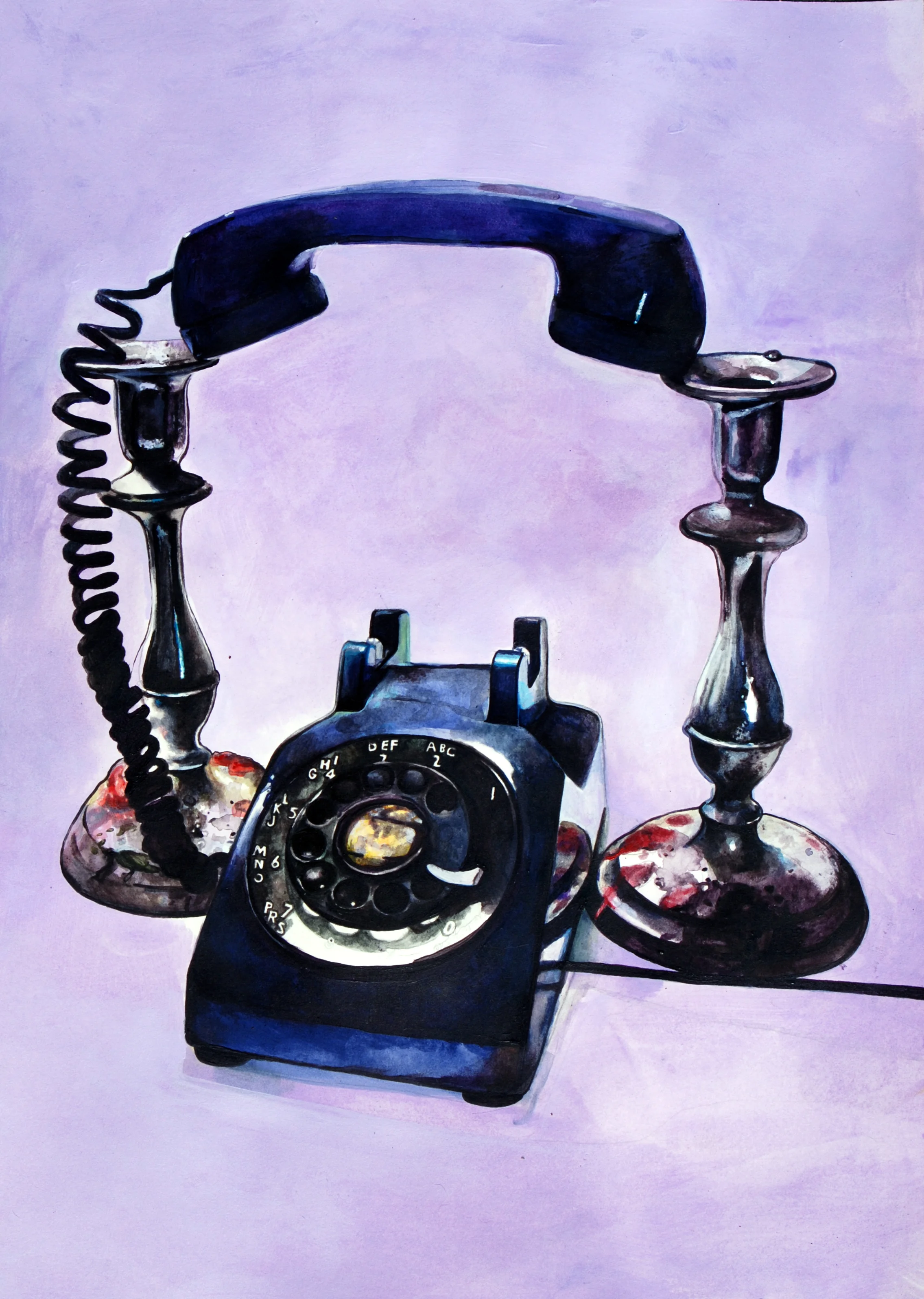 Candlesticks and a Rotary Telephone, graphite and acrylic on paper, 36x51cm