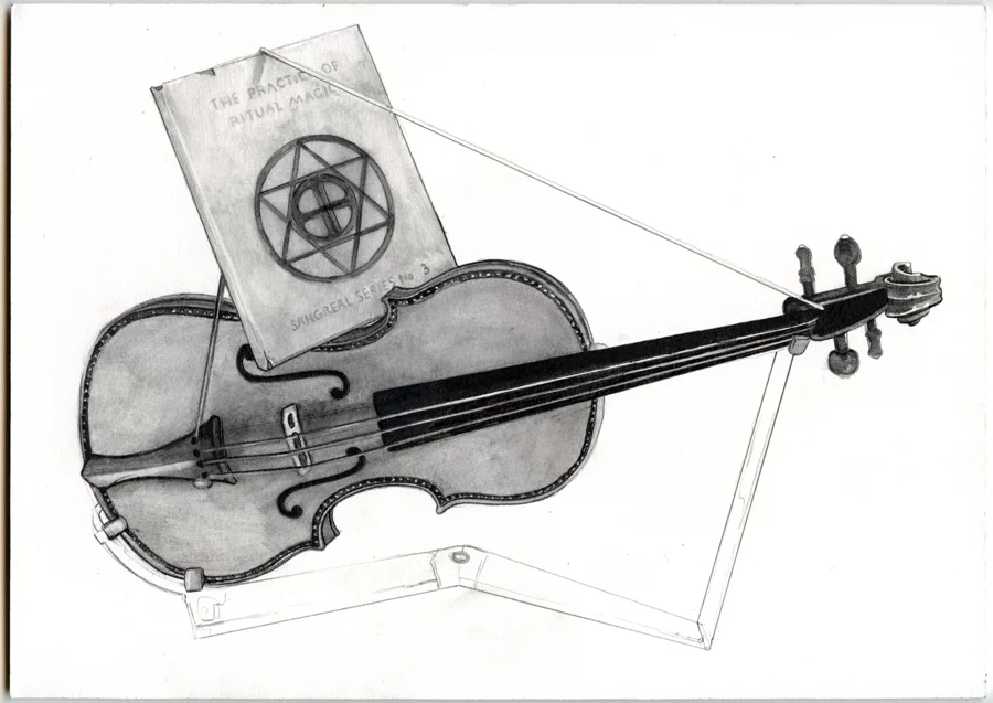 Tense String on a Book about Magic on a Stradivarius on a Plexi Museum Stand, graphite and graphite wash on mat-board, 28.5x20.5cm