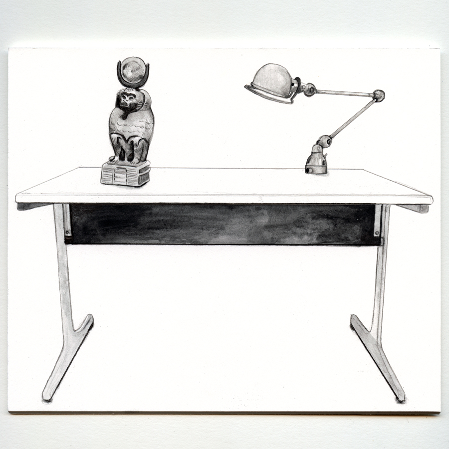   Statue of Thoth as a Baboon and a desk lamp without a cord on George Neslon Desk--- graphite on 4 ply matboard  