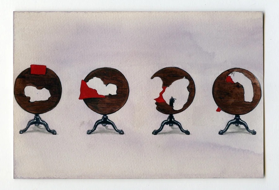 Four Chippendale Tables with Cutouts, graphite, watercolor, and acrylic on paper, 22.5x15cm