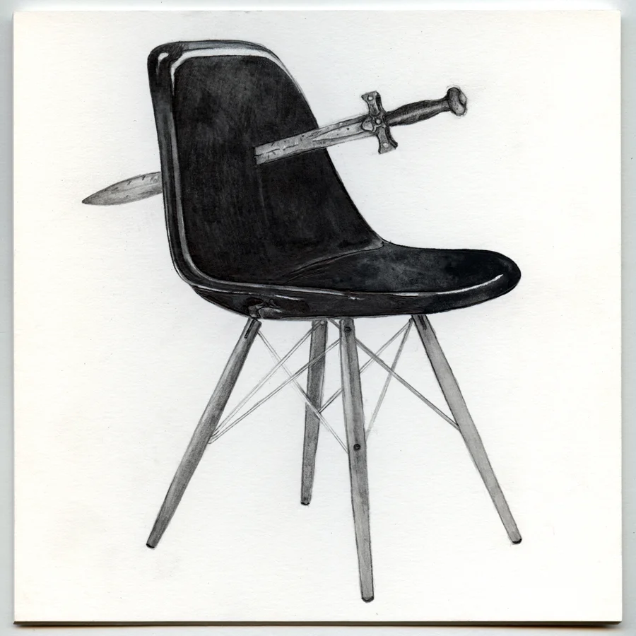 Xena Warrior Princess Sword Replica run through an Eames Fiberglass Chair Replica, graphite and graphite wash on mat-board, 20x20 2/8cm