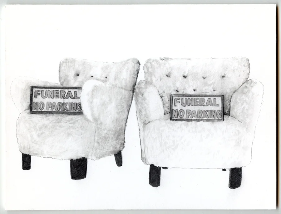 Fuzzy Armchairs with Funeral Parking Signs, graphite on mat-board, 20.5x26.5cm