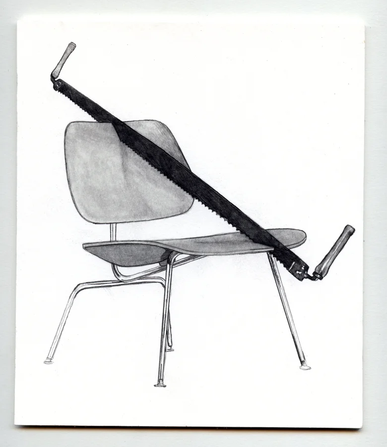 Colonial Crosscut Saw into Charles Eames Lounge Chair, graphite on mat-board, 15.5x20.5cm