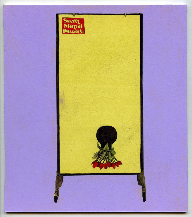 Yellow Office Divider depicting Flowers and a Scrap of Paper with Text, Graphite and acrylic on mat-board 20.5x23cm