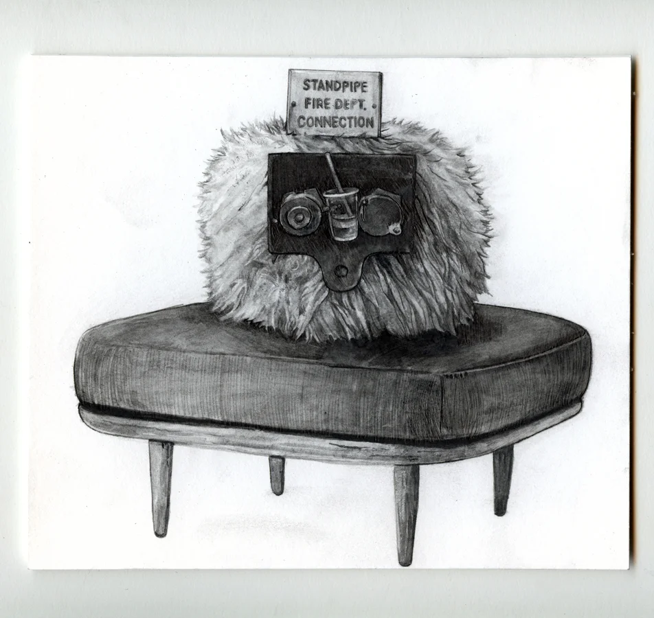 Plastic Cup resting in Standpipe Hardware with a Related Sign mounted on a White Fuzzy Pouf on an Ottoman, Graphite and Graphite Wash on mat-board, 17.5x20.5cm