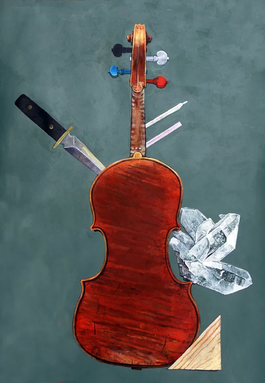 A large Quartz Crystal held by tension on a Stradivarius Violin with painted Tuning Keys, holding a Joint and a Pink Cigarette, stabbed with a Dagger and against a Pine Wood Triangle