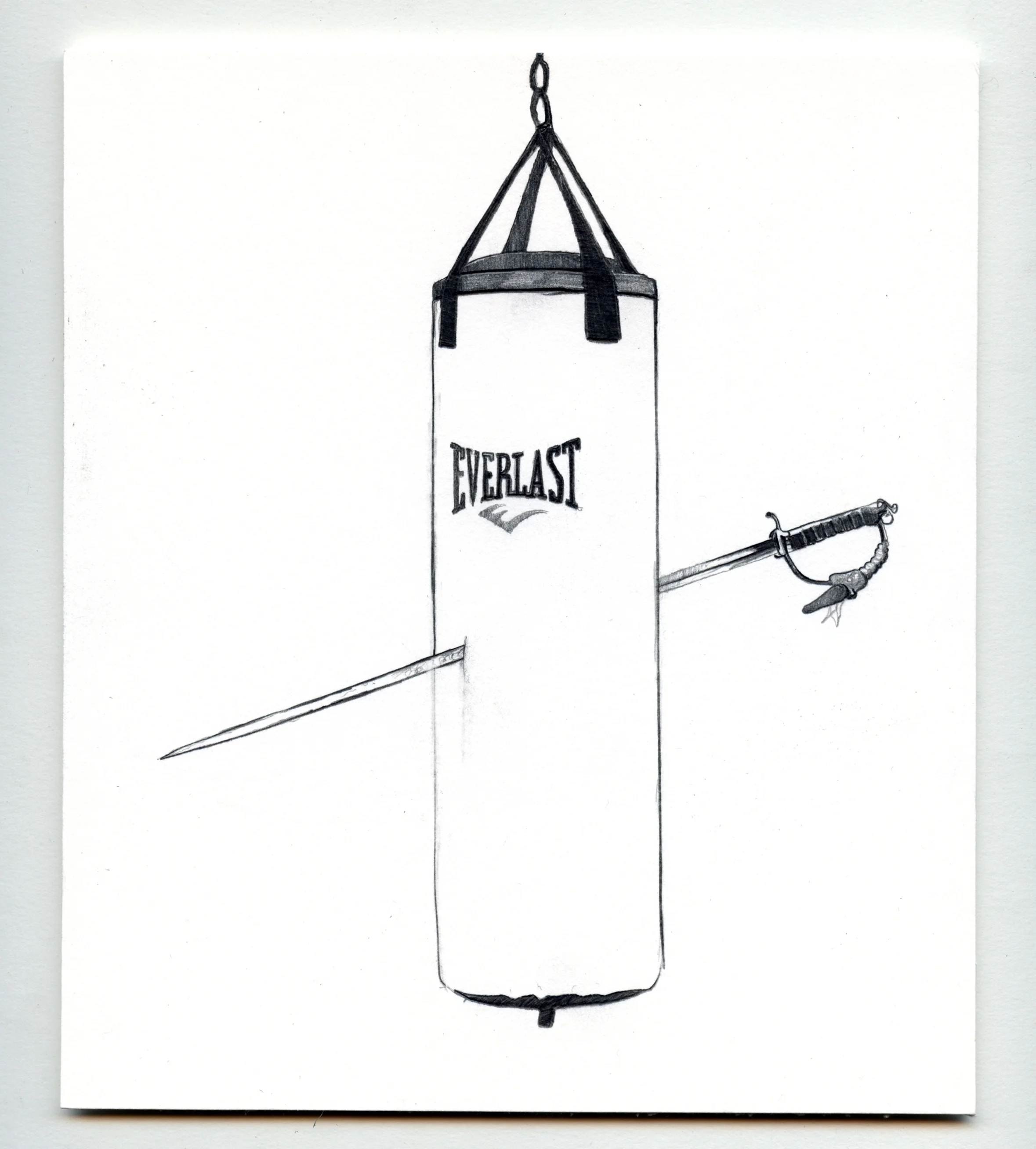 Investiture Sword and Scabbard run through an Everlast Punching Bag, Graphite in mat-board, 17.5x20.5cm