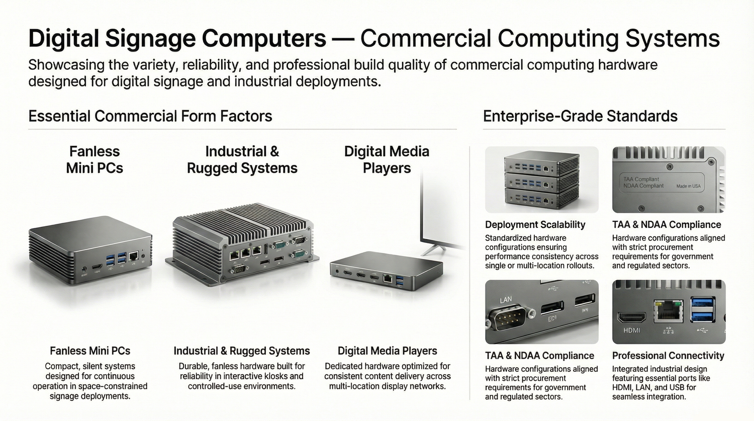 Digital signage computers including mini PCs, media boxes, and industrial fanless systems used for commercial display deployments