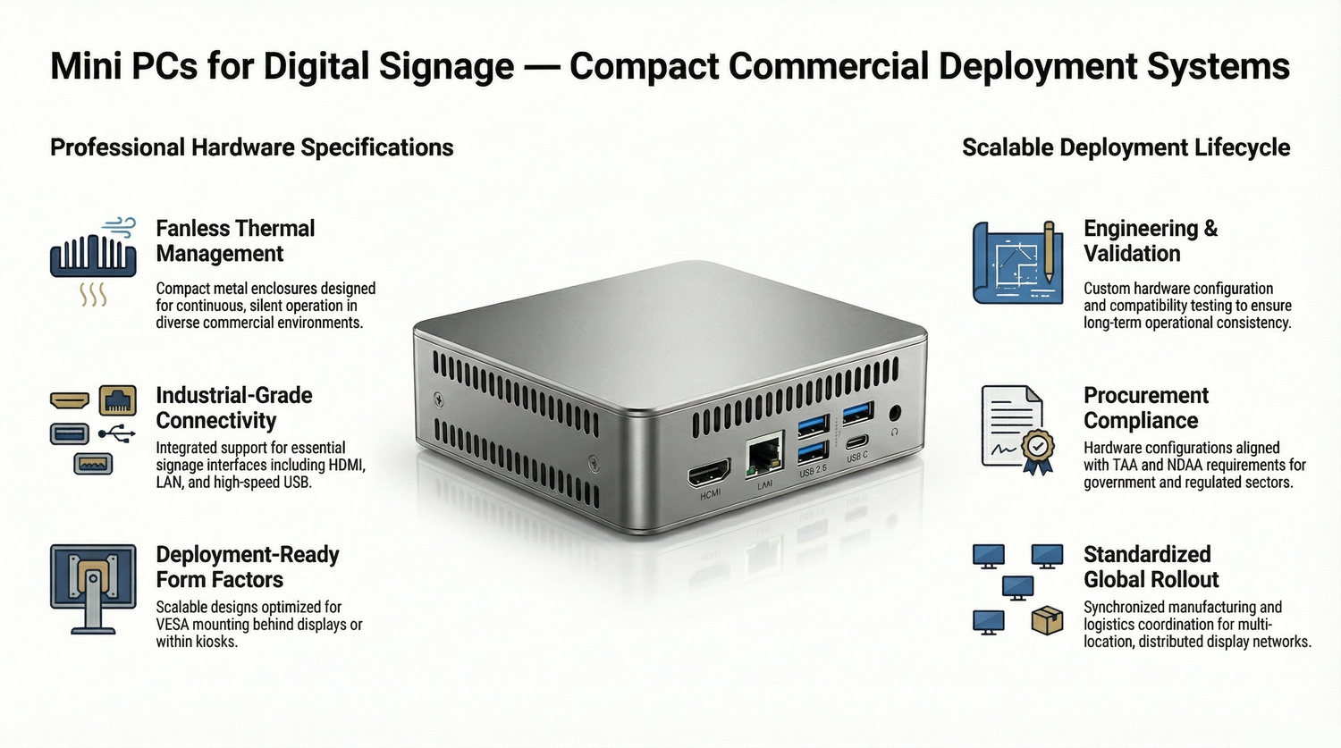 Mini PC for digital signage showing compact fanless computer used for commercial display playback systems
