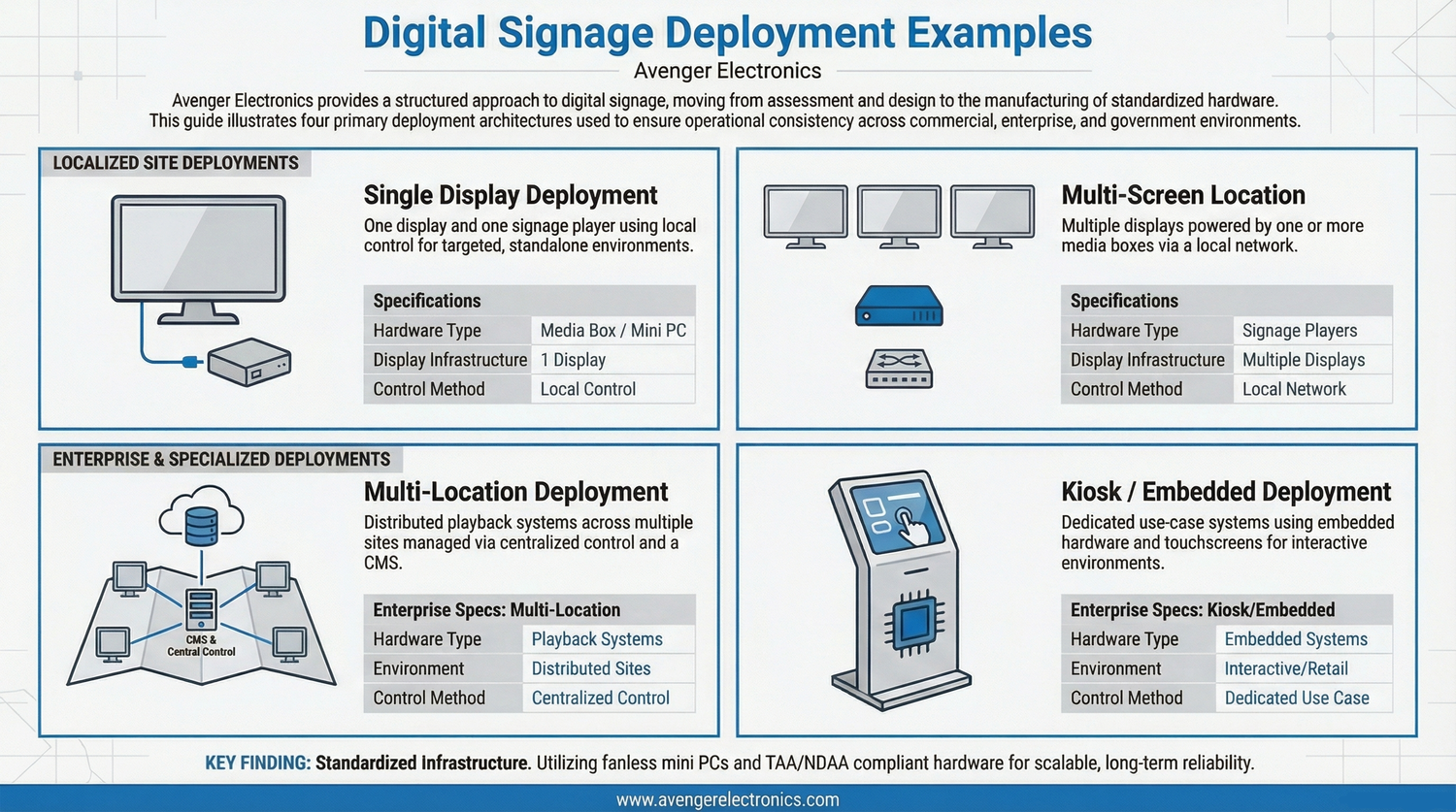 digital signage deployment examples showing single display multi-screen multi-location and kiosk embedded configurations with signage players and infrastructure
