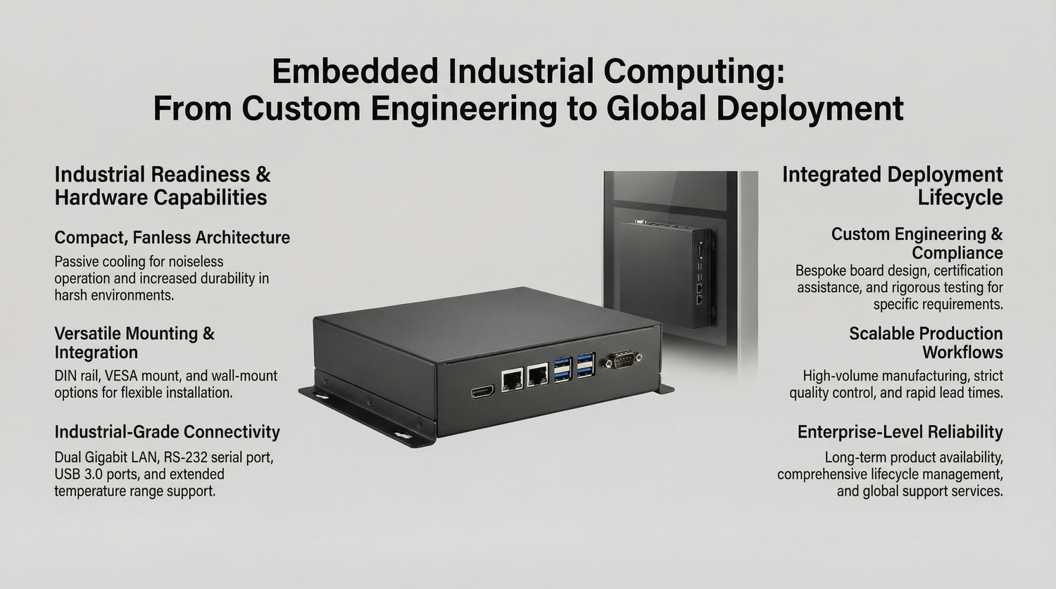 Embedded industrial computer mounted within display or kiosk system used for digital signage and integrated commercial deployments