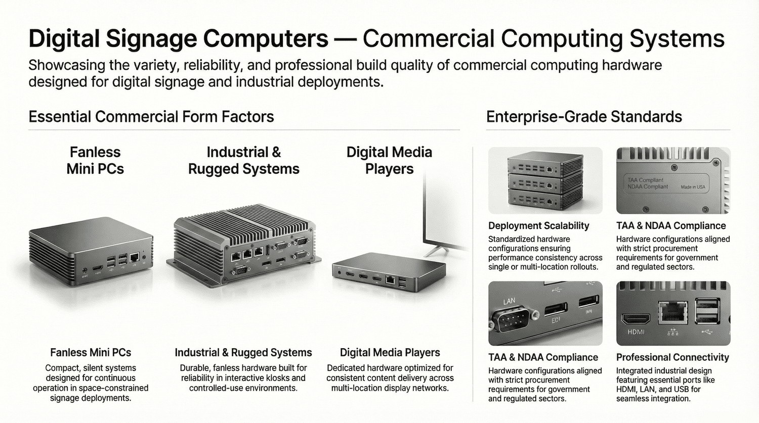 Industrial fanless PC with metal enclosure and heat dissipation fins used for digital signage and continuous commercial computing environments