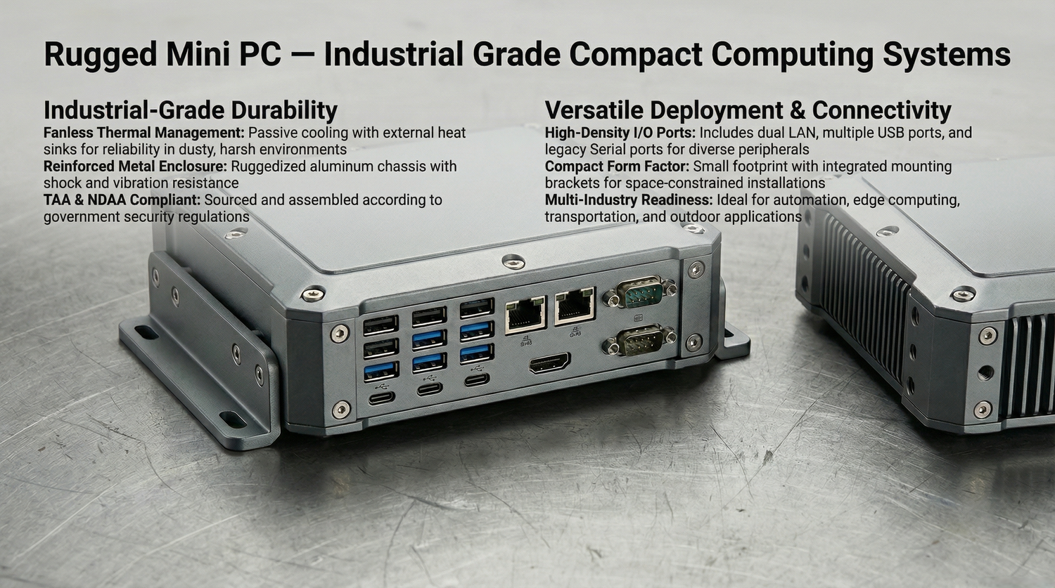 Rugged mini PC with reinforced metal enclosure designed for industrial environments and digital signage deployments