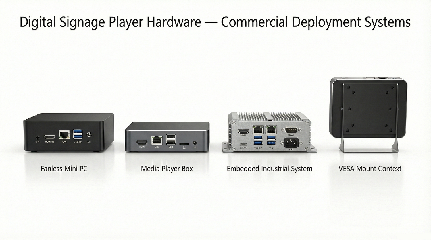 Commercial digital signage hardware including media players, embedded systems, and compact computing platforms