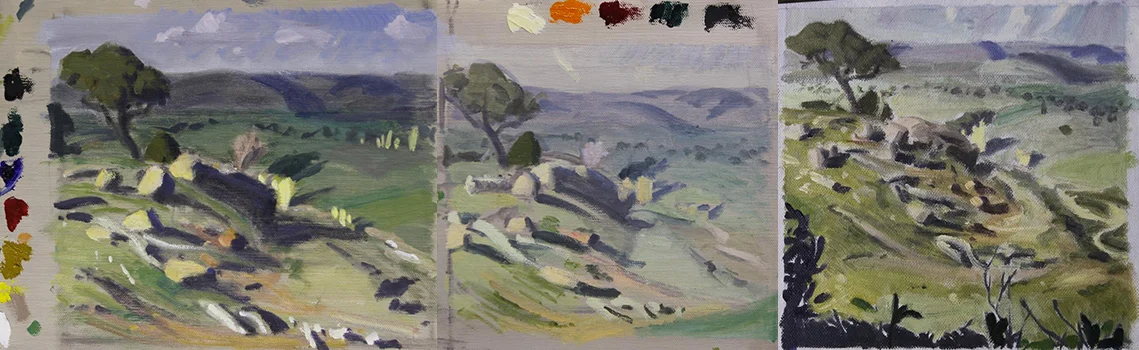 Left + middle: Studies with different colour palettes Right: Final palette and composition
