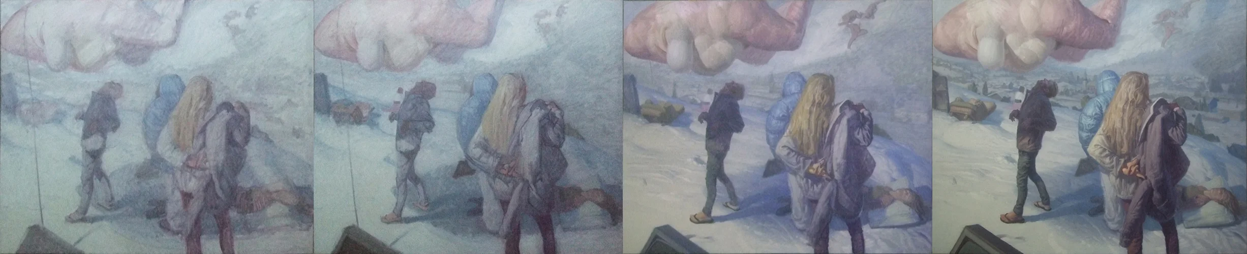 Building up the final painting: From a thin washy block-in / to a drawing phase / then creating refined, opaque colour masses/ and finally modelling complex forms