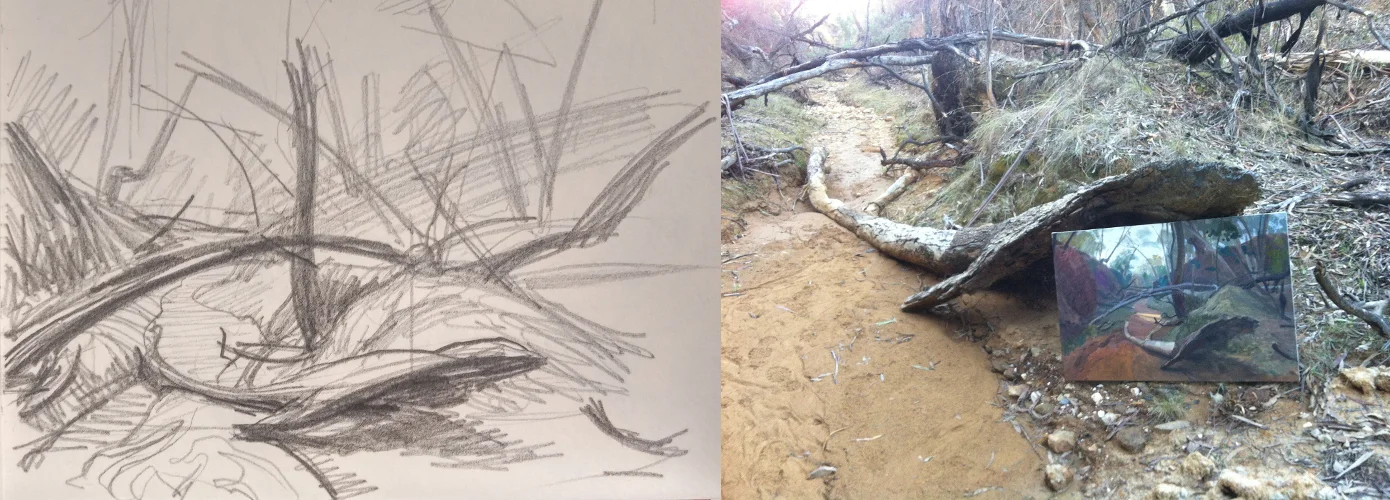 First thumbnail for the Golden Gully painting. On the right is the early block-in stage, as I stand in a dry creek bed.
