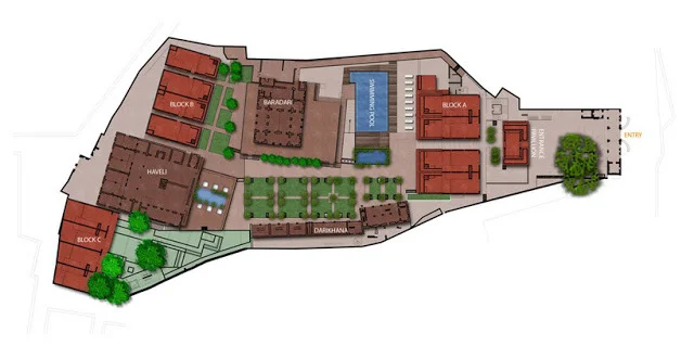 New site plan for Raas hotel with new buildings added into heritage compound.