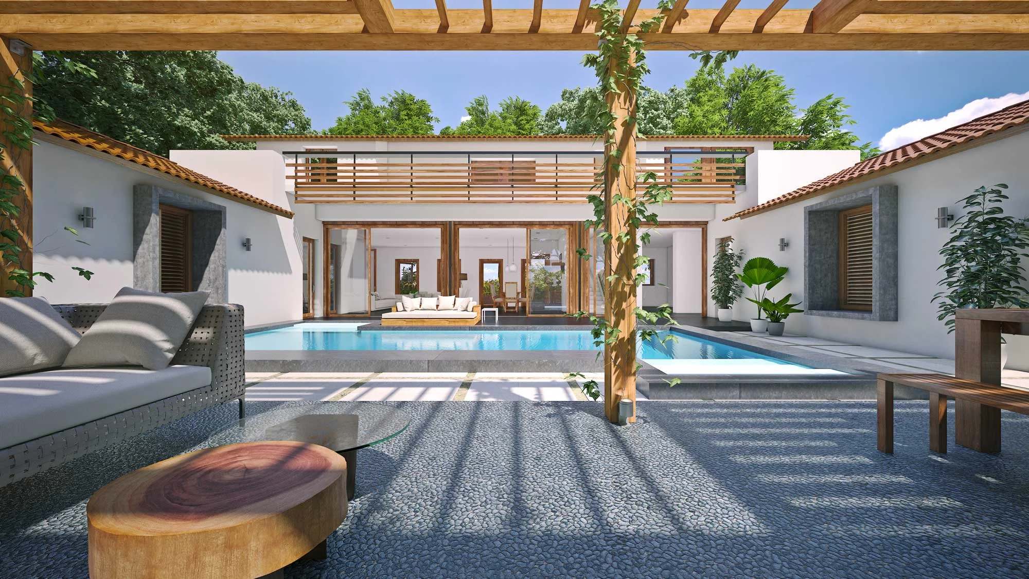 Rendered View of the courtyard at Navovado with the swimming pool and the living room
