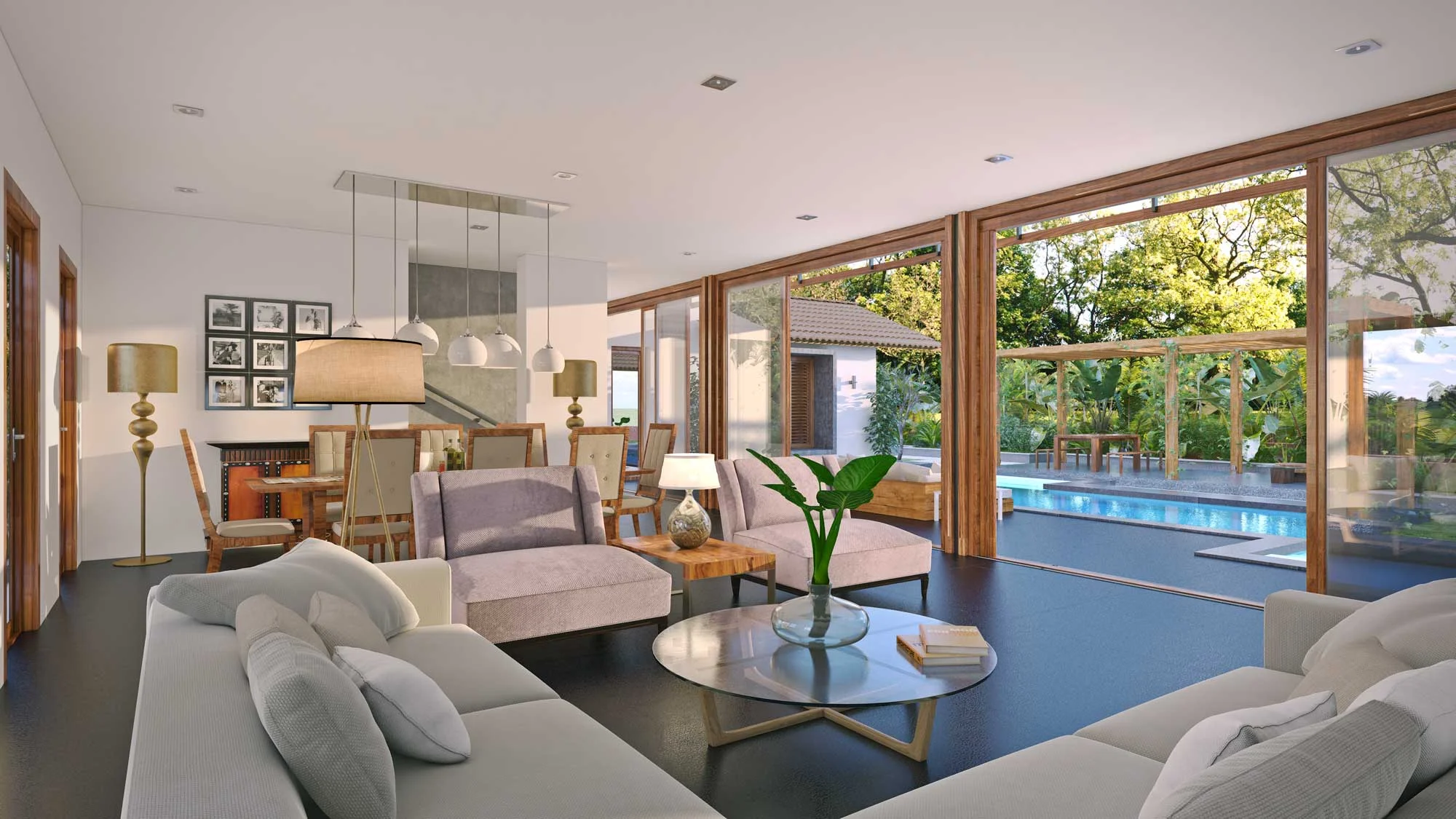 Rendered View of the living room at Navovado connecting to the courtyard through glass sliding doors 