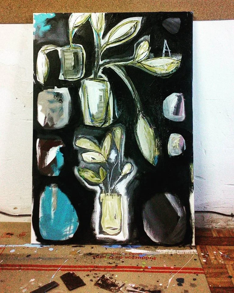 Plants living on black , 2016, mixed media on canvas, 105x70cm