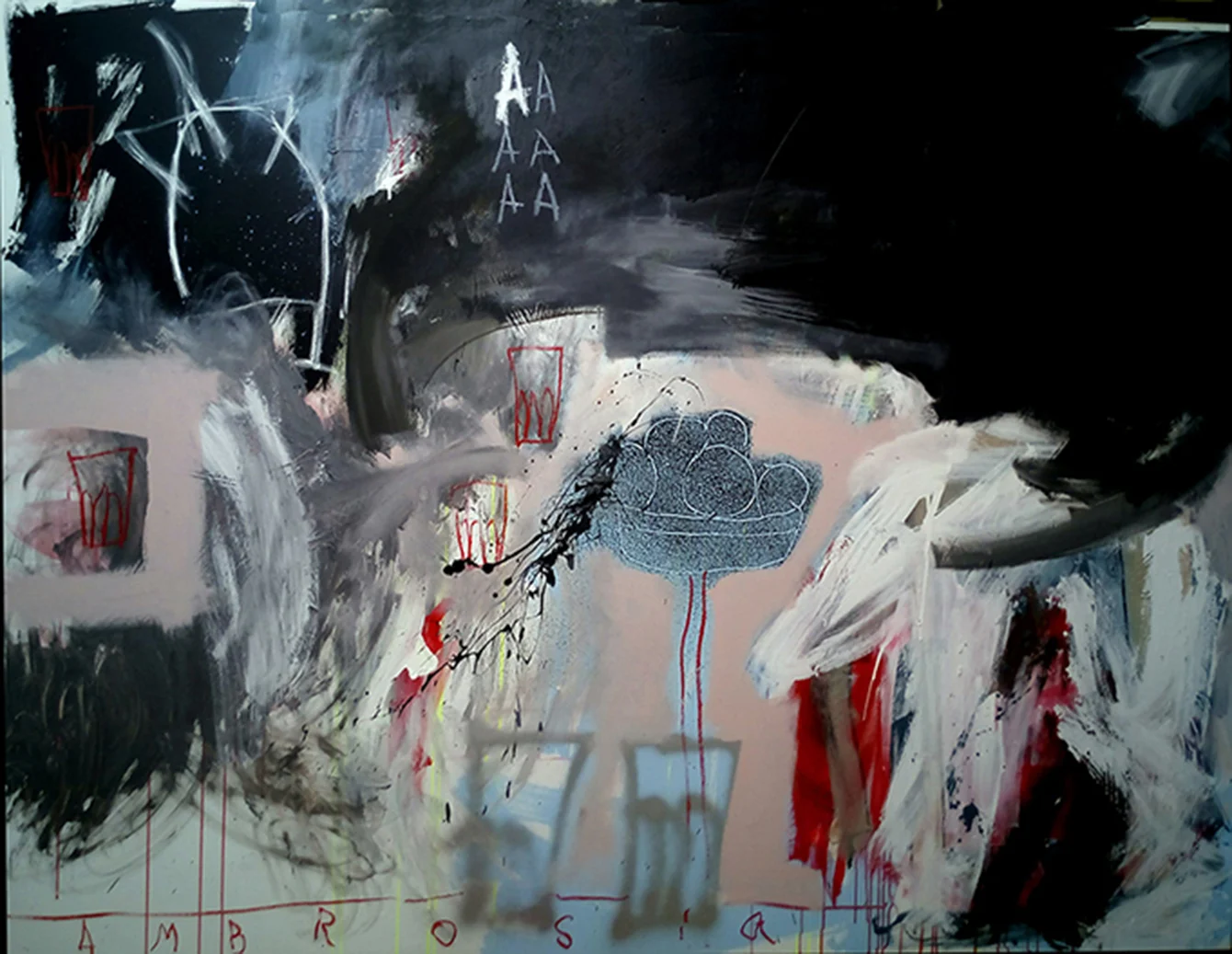 Ordinary objects playing bellow the A , 2016, mixed media on canvas, 150x200cm