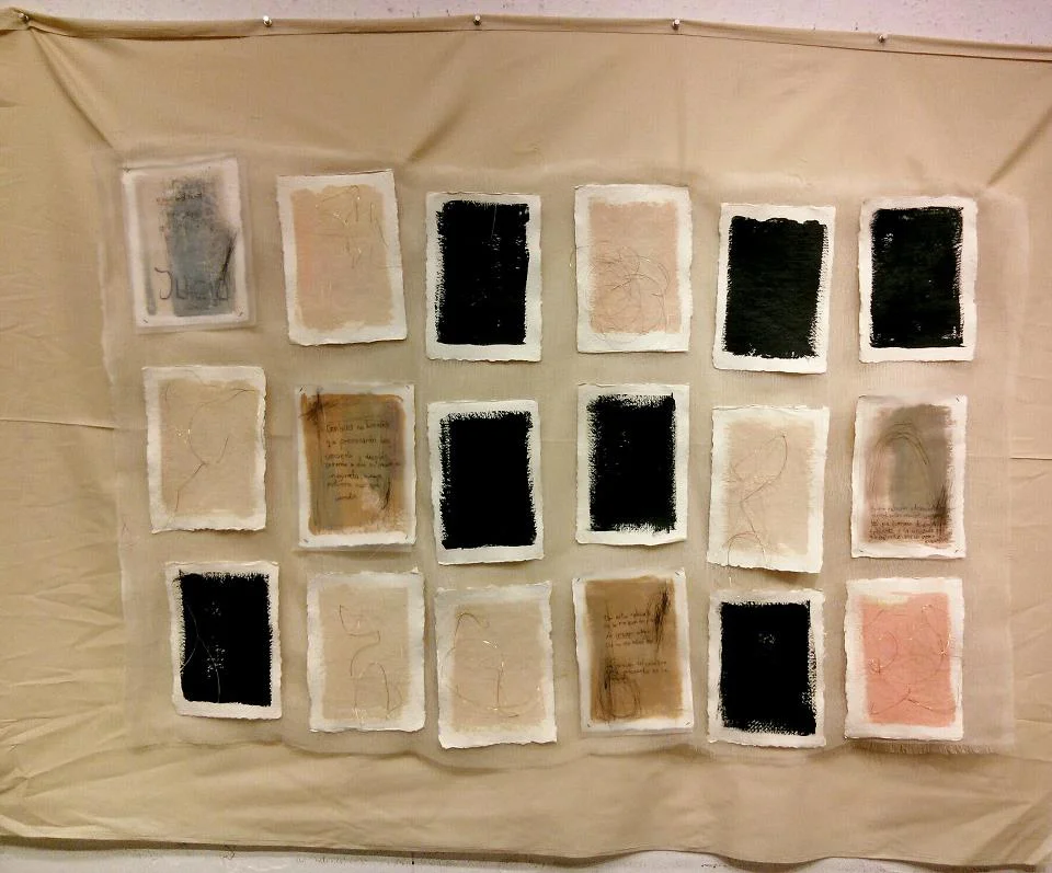Randomness and calculation , 2013, fabric, paper, acrylic and wire, 100x150cm